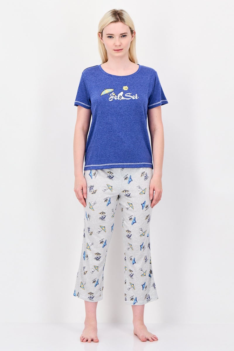 Peanuts Women 2Pcs Snoopy Print Pajama Top And Pants Set, Blue - Image 1